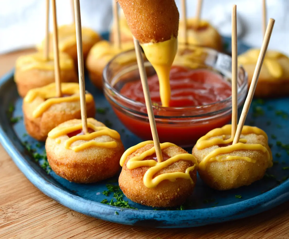 Delicious vegan corndog bites perfect for game day snacking, cooked to golden perfection.