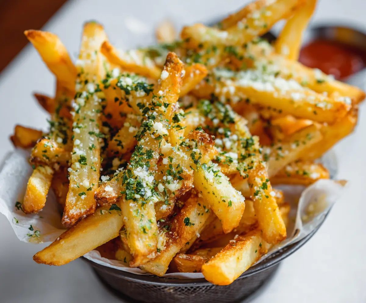 Crispy garlic and parmesan fries garnished with fresh herbs on a rustic plate.