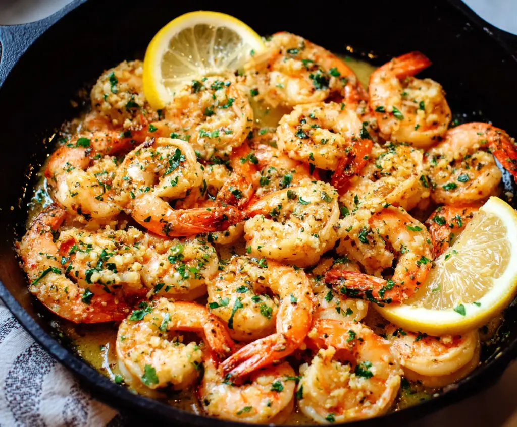 Delicious garlic butter lemon shrimp served on a plate, garnished with fresh herbs.