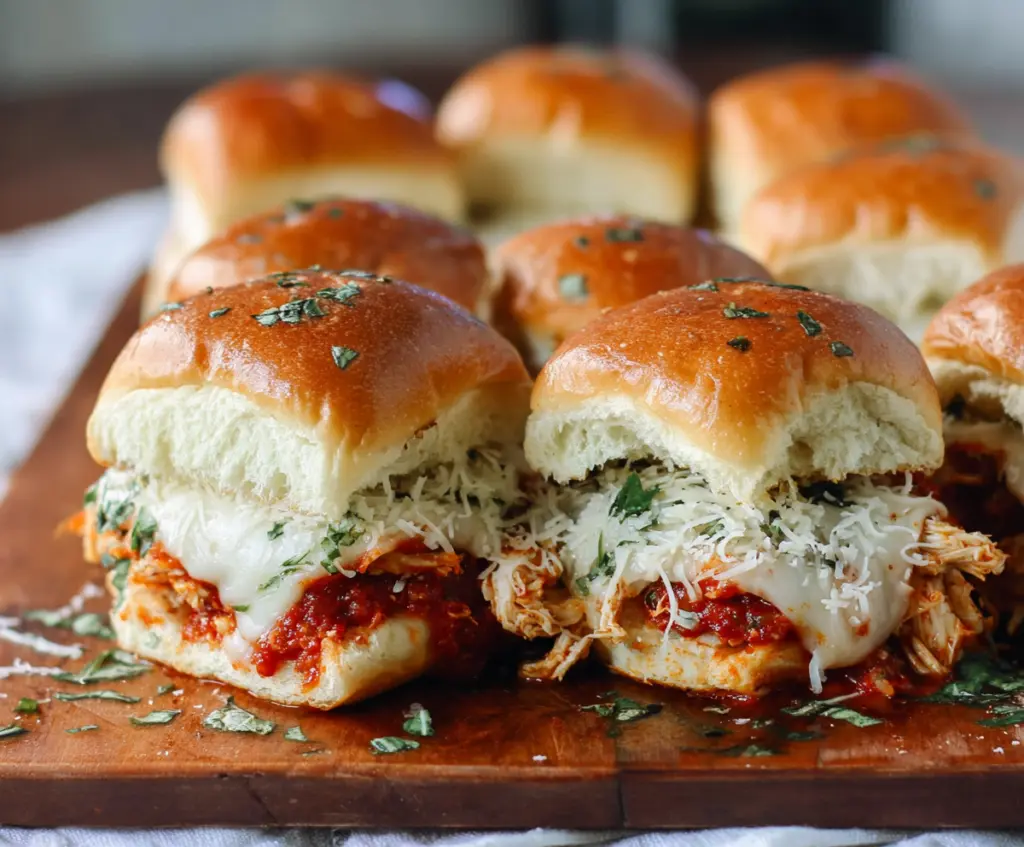 Delicious Garlic Chicken Parmesan Sliders with melted cheese on toasted buns.