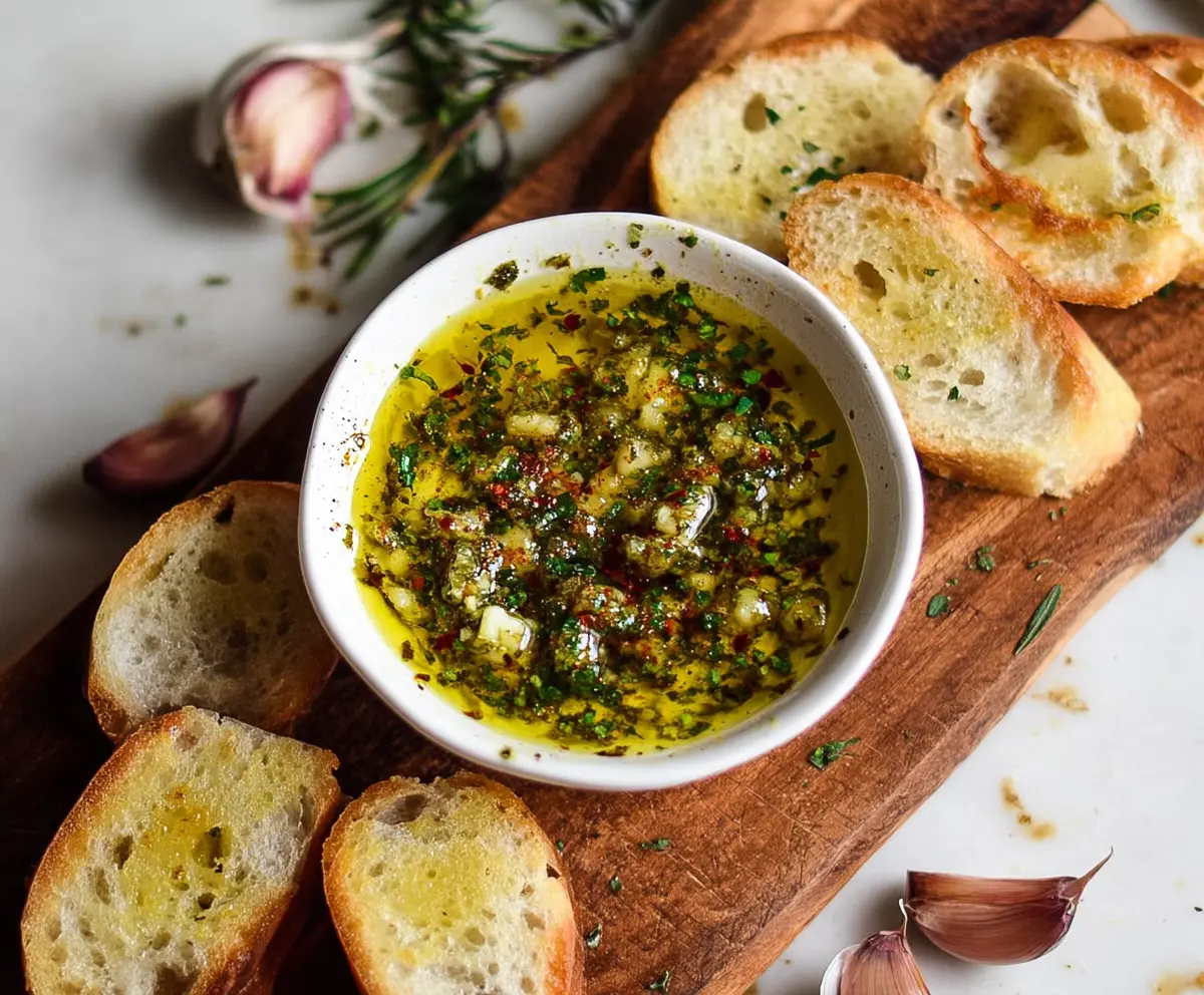 Delicious garlic olive oil dip served in a ceramic bowl for dipping bread and vegetables.
