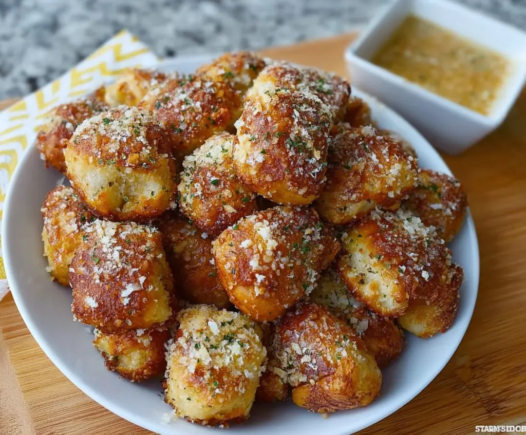 Golden garlic Parmesan pretzel bites with melted cheese and fresh herbs on a rustic platter