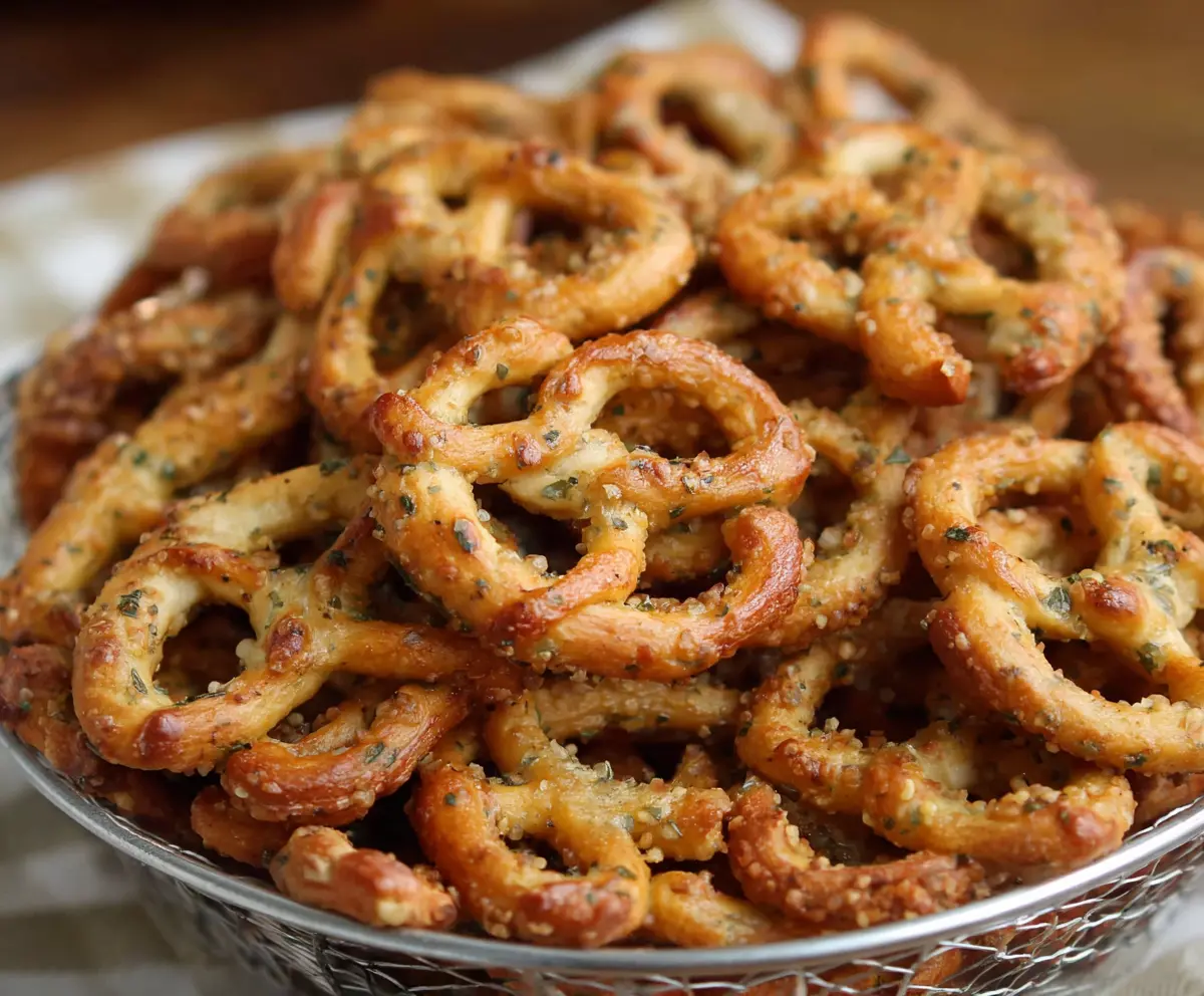 Crunchy garlic ranch pretzels with a savory seasoning coating on a wooden serving platter.