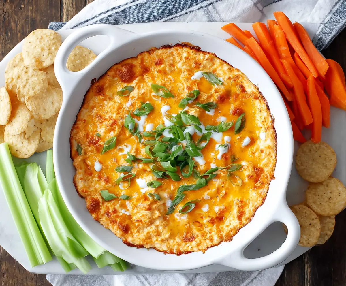 Creamy Greek Yogurt Buffalo Chicken Dip served with fresh vegetables for a healthy snack.