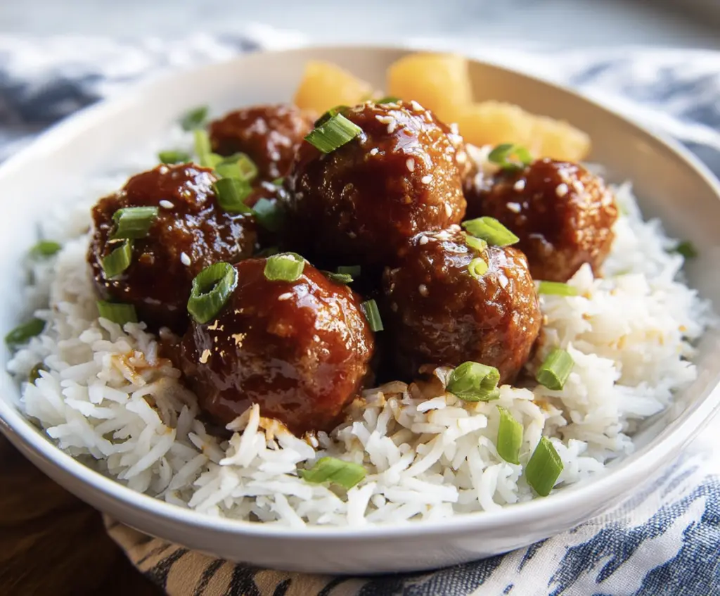 Delicious Hawaiian-style meatballs served with pineapple and teriyaki sauce on a white plate.