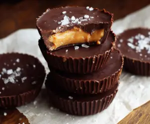 Delicious homemade healthy dark chocolate peanut butter cups on a wooden table.
