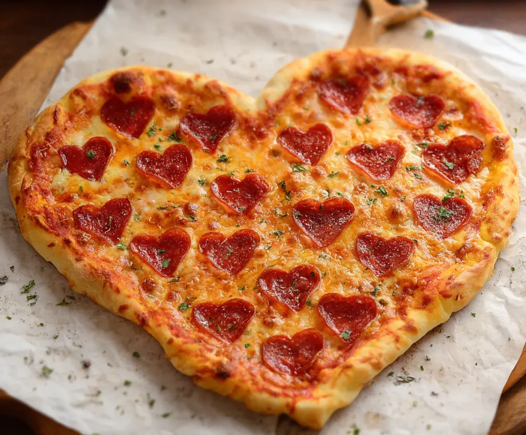 Delicious heart-shaped pizza topped with fresh ingredients, perfect for romantic meals or special occasions.