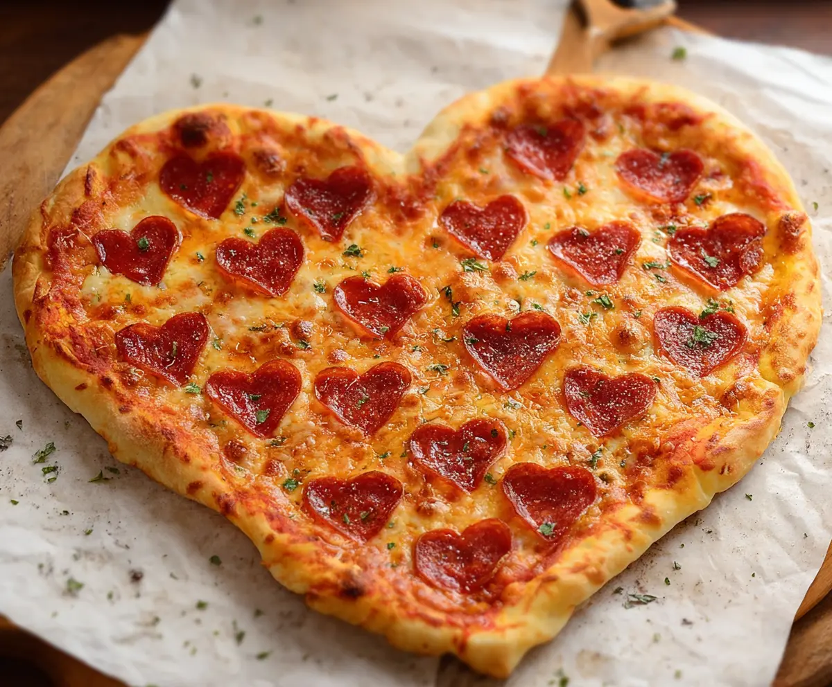 Delicious heart-shaped pizza topped with fresh ingredients, perfect for romantic meals or special occasions.