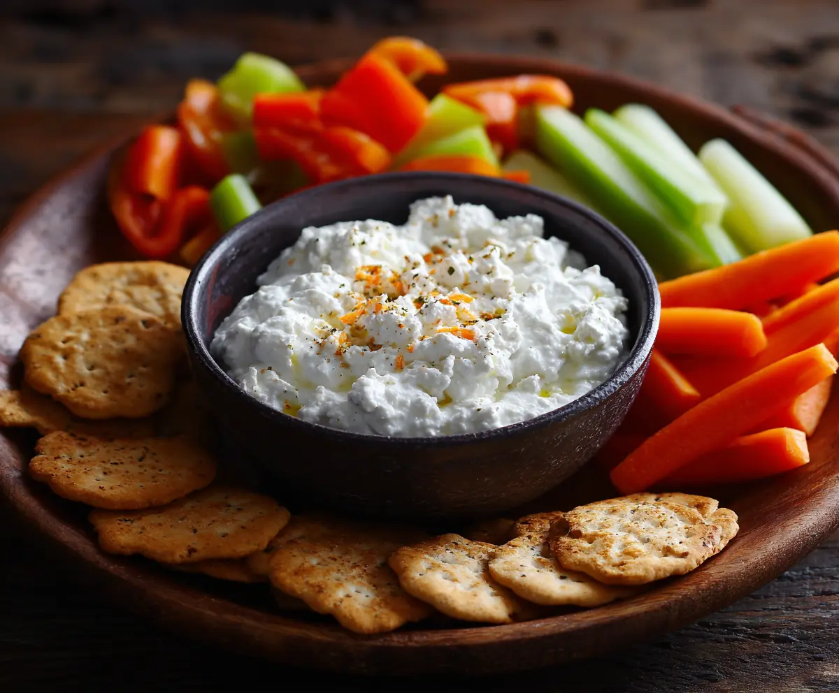 High Protein Cottage Cheese Giardiniera Dip served with fresh vegetables for a healthy snack.