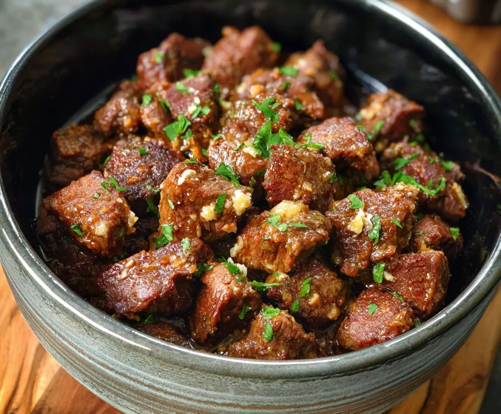 Delicious high protein garlic butter beef bites cooked in a slow cooker, perfect for a savory meal.