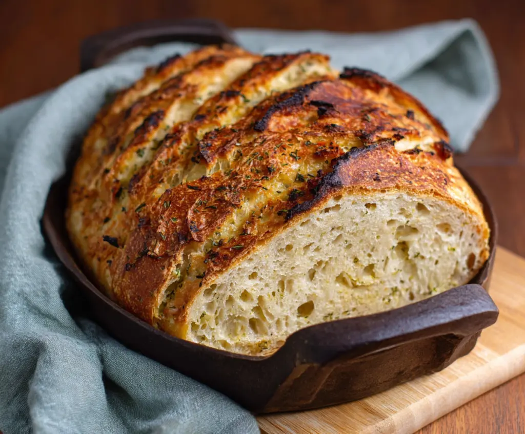 Freshly baked Italian Herb and Cheese Sourdough Bread with a golden crust and aromatic herbs.