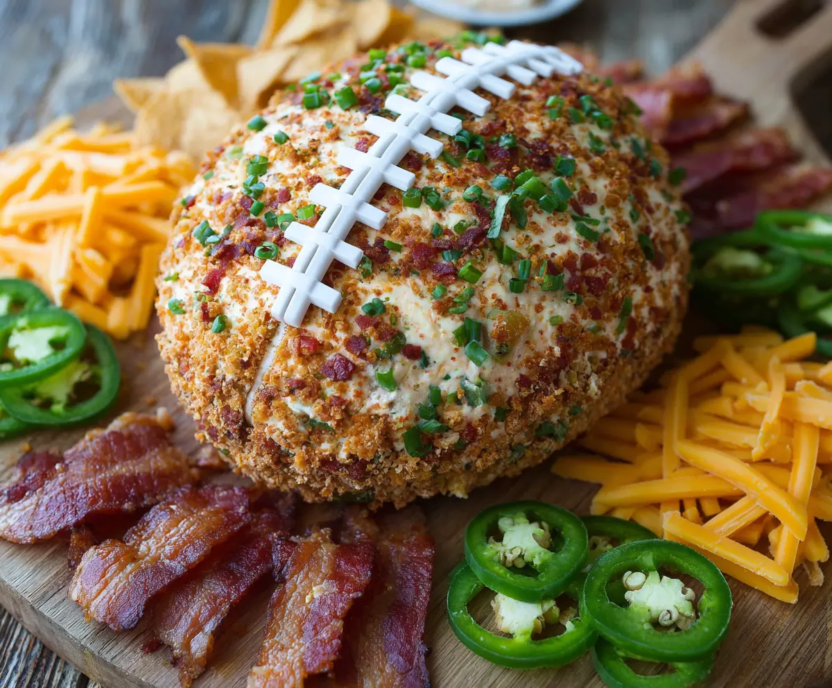 Cheesy jalapeño popper football cheese ball garnished with herbs for a tasty party appetizer.