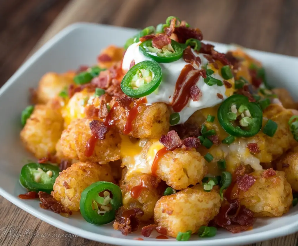 Crispy Jalapeno Popper Tater Tots topped with melted cheese and fresh jalapeno slices.