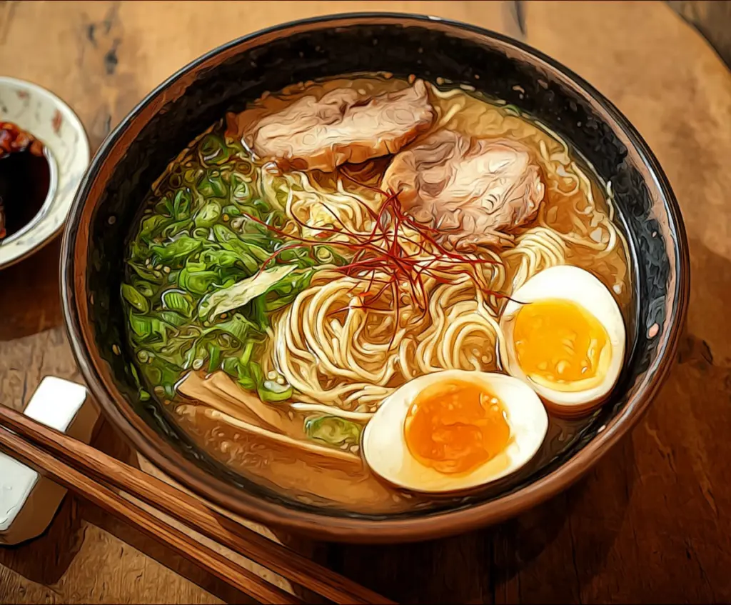 Delicious steaming bowl of Japanese ramen noodles with pork, soft-boiled eggs, and fresh green toppings.