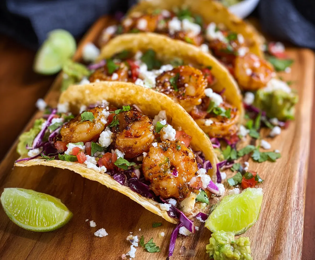 Delicious jerk shrimp tacos with fresh toppings and vibrant flavors.