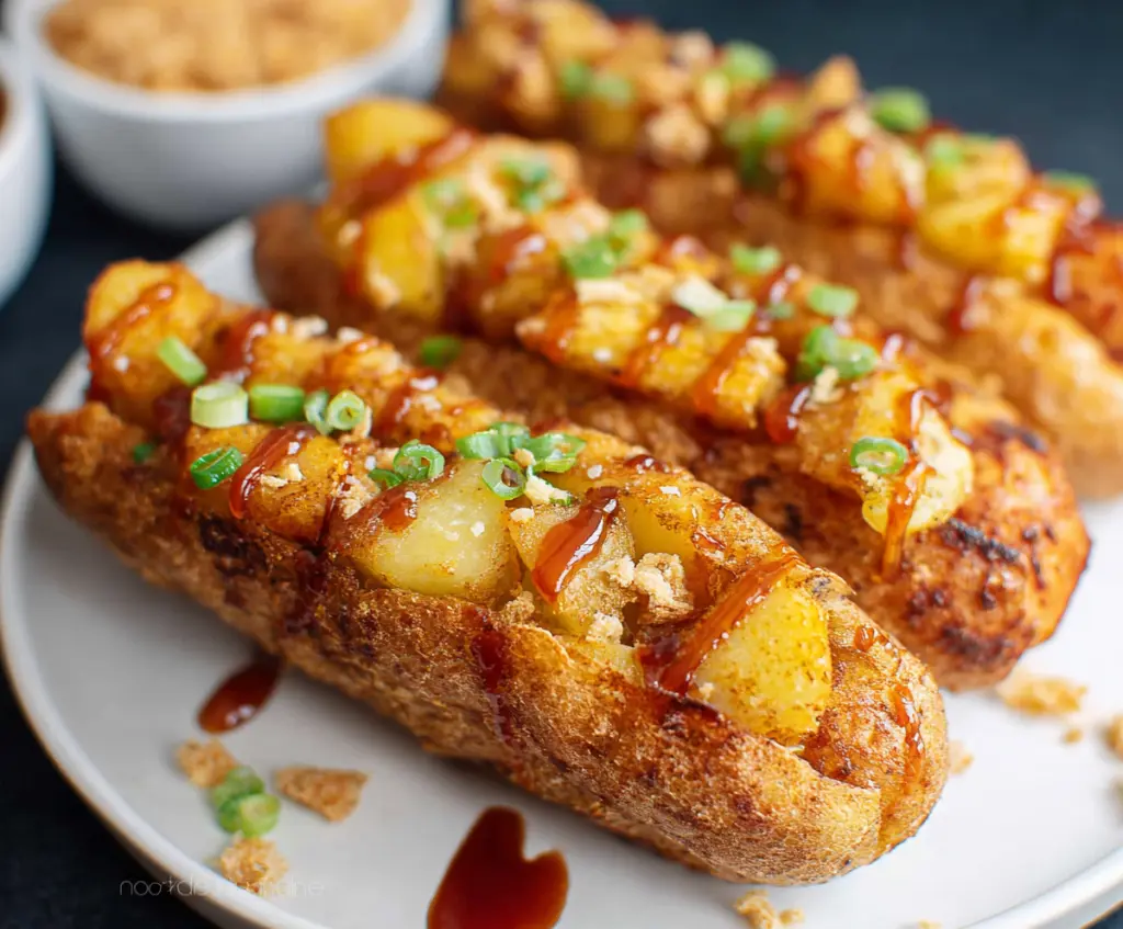 Crispy Korean potato hot dog with cheese and sausage wrapped in a golden potato batter.