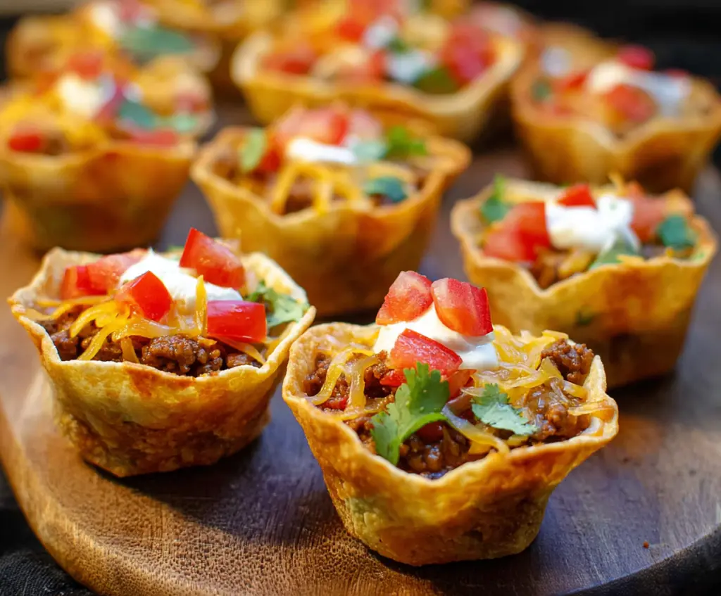 Delicious Lil Taco Cups filled with seasoned meat, cheese, and fresh toppings.