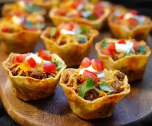 Delicious Lil Taco Cups filled with seasoned meat, cheese, and fresh toppings.