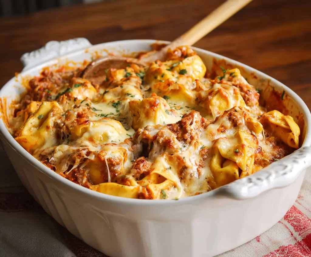 Delicious Million Dollar Tortellini Casserole with melted cheese and seasoned ingredients in a baking dish