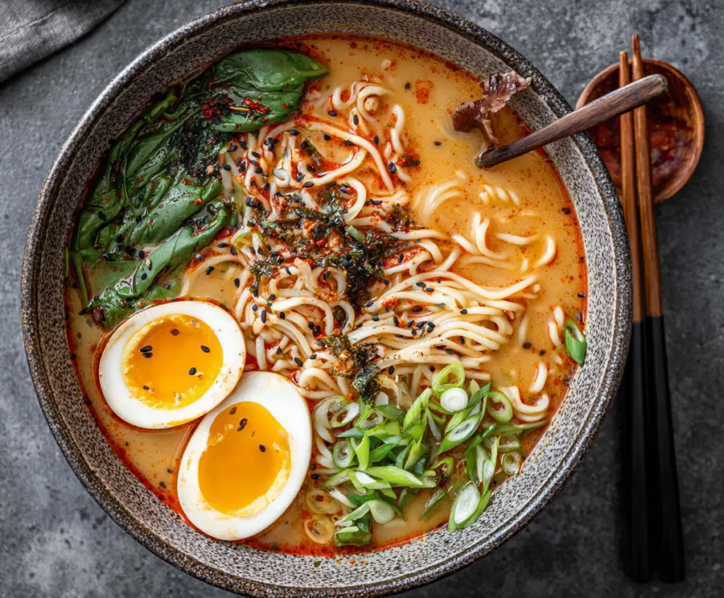 Bowl of steaming miso ramen noodles with vegetables and sliced pork, perfect for a comforting Japanese meal