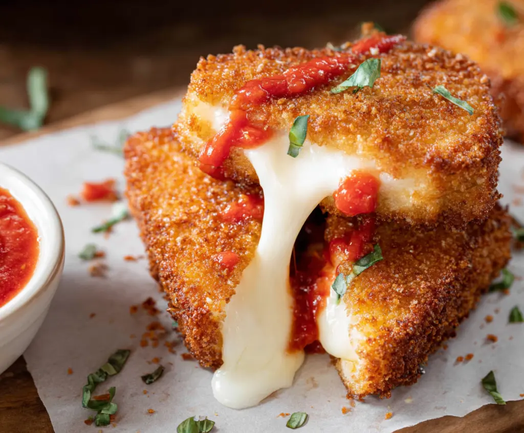 Delicious mozzarella carrozza, crispy fried Italian cheese sandwich with melted cheese filling