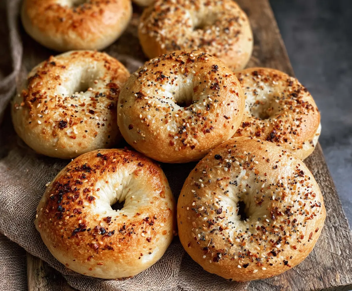 Golden-no yeast sourdough discard bagels with a shiny crust and soft interior.