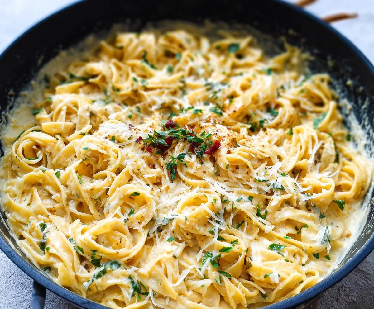 Delicious one pan garlic Parmesan pasta served in a white bowl with fresh herbs and grated cheese.