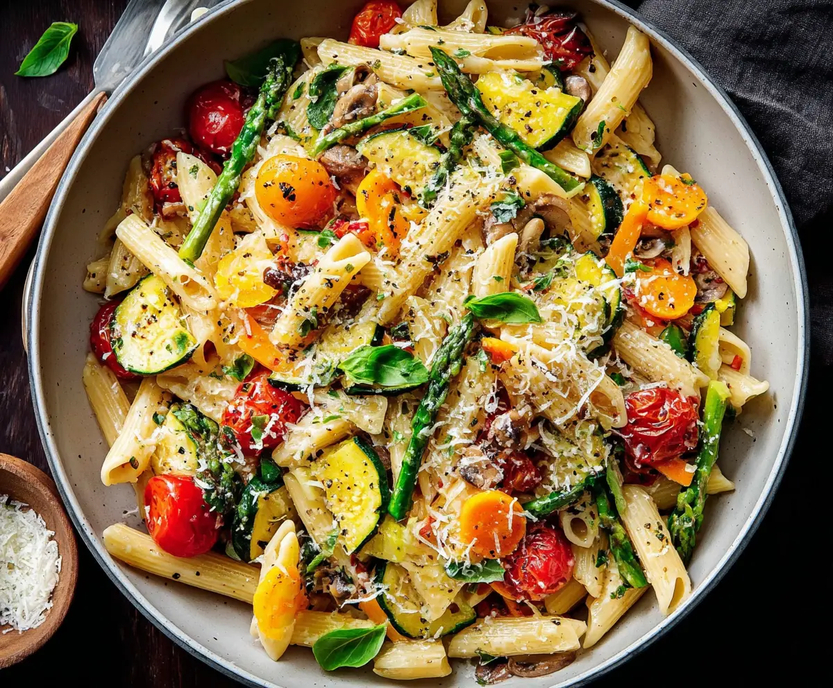 Colorful Pasta Primavera with fresh vegetables and herbs in a white bowl.