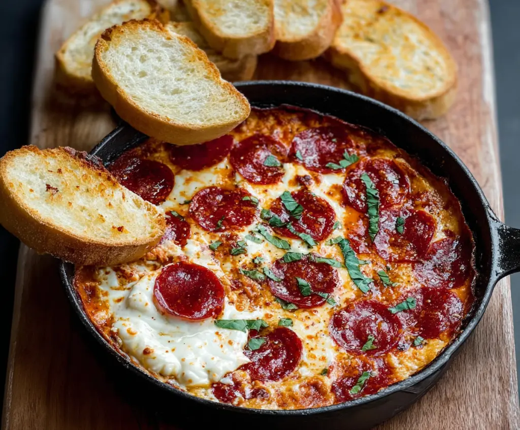 Delicious pepperoni and cream cheese pizza dip served in a bowl with crispy breadsticks.