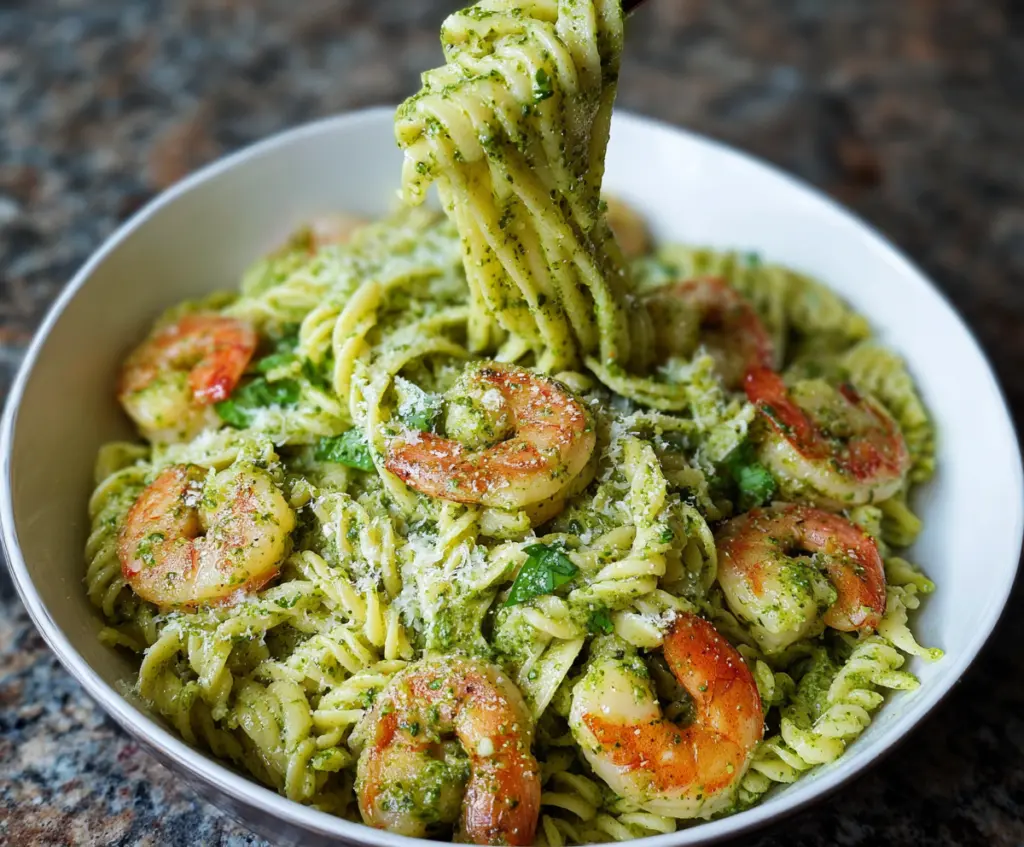 Delicious pesto shrimp pasta with fresh basil and cherry tomatoes on a white plate.