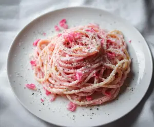 Delicious Pink Cacio e Pepe pasta garnished with grated cheese and pepper, served on a white plate.