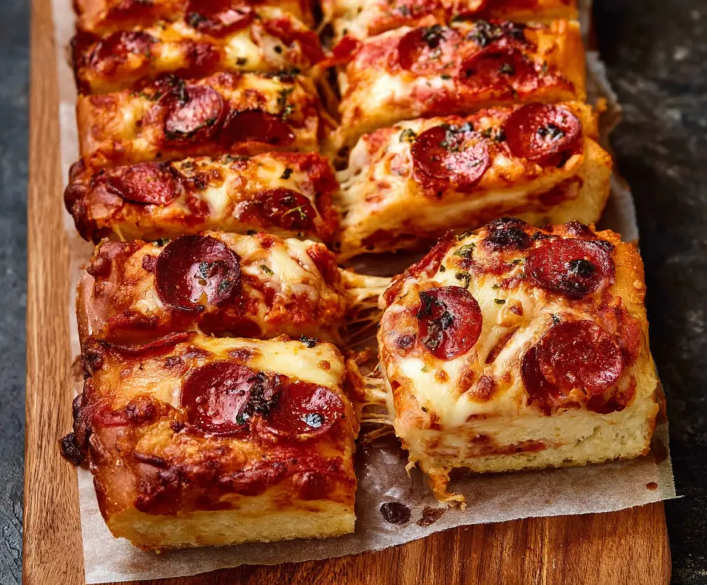Delicious homemade pizza bread topped with melted cheese and fresh toppings.