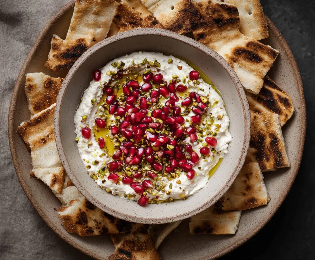 Delicious Pomegranate Pistachio Feta Dip served in a bowl with fresh ingredients