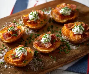 Crispy potato skin bites garnished with herbs, perfect for a savory snack.