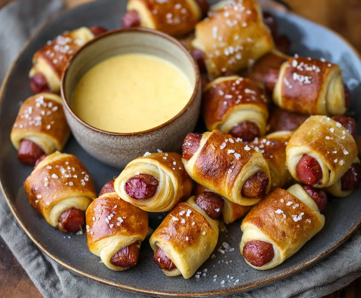 Delicious Pretzel Pigs In A Blanket served with creamy Beer Cheese Dip, perfect for appetizers.