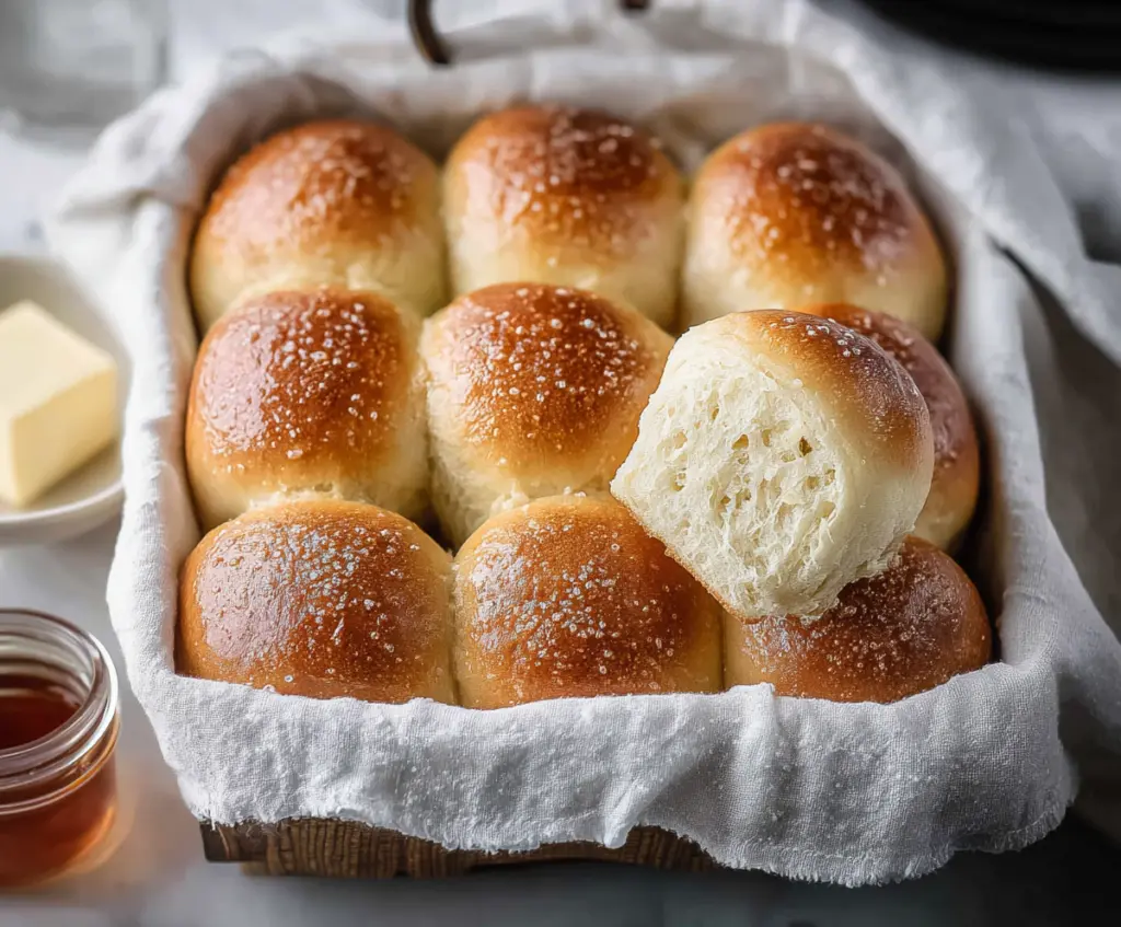 Freshly baked pull apart sourdough dinner rolls on a rustic wooden table, showcasing golden-brown crust and soft, fluffy layers.