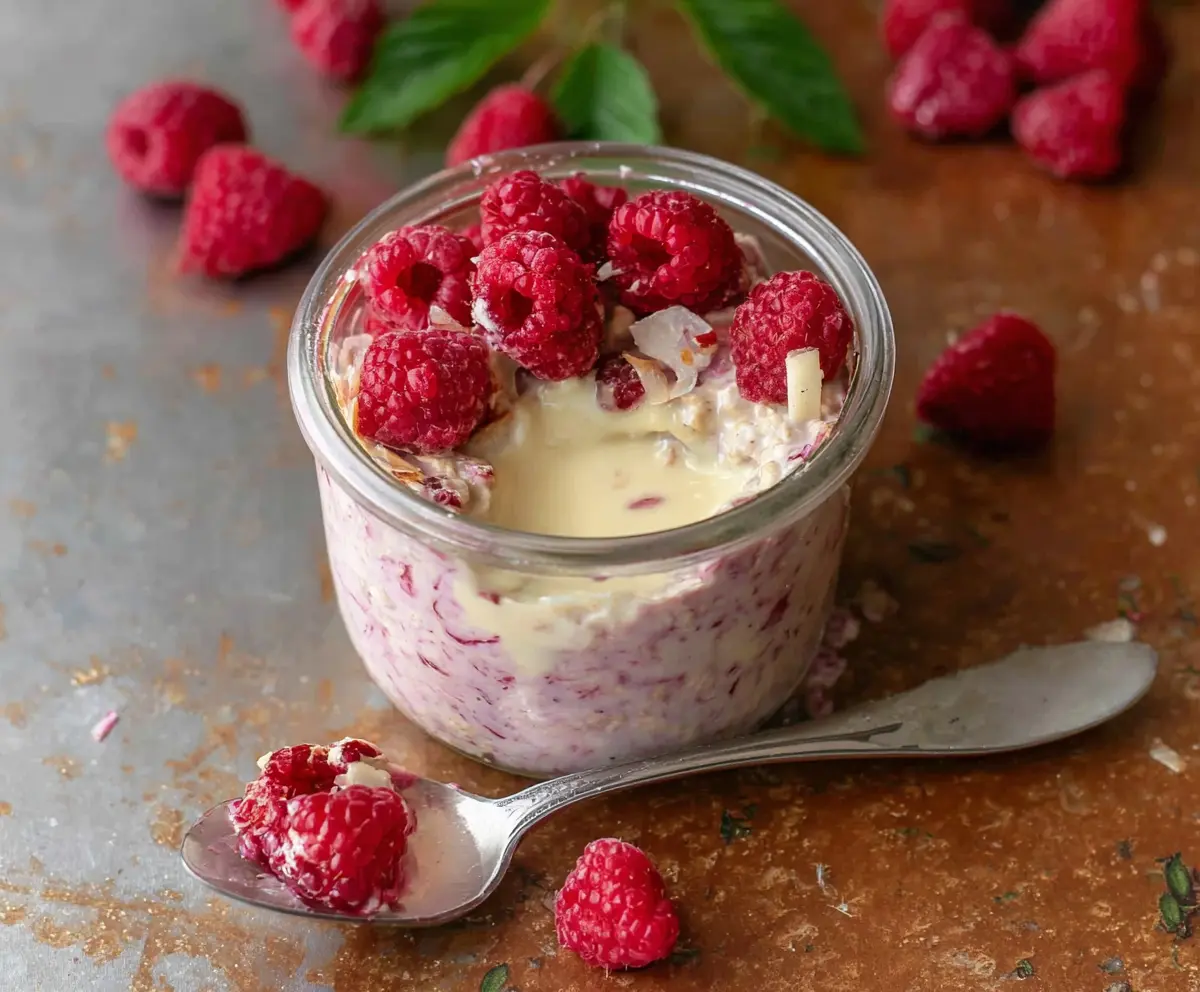 Creamy Raspberry White Chocolate Overnight Oats in a glass jar with fresh raspberries and white chocolate shavings