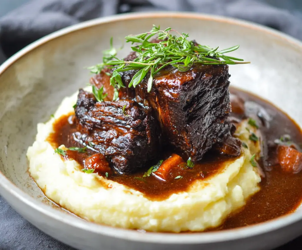 Savory red wine braised short ribs served with vegetables on a rustic plate