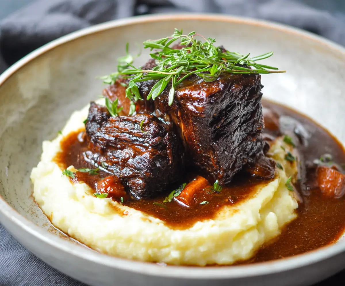 Savory red wine braised short ribs served with vegetables on a rustic plate