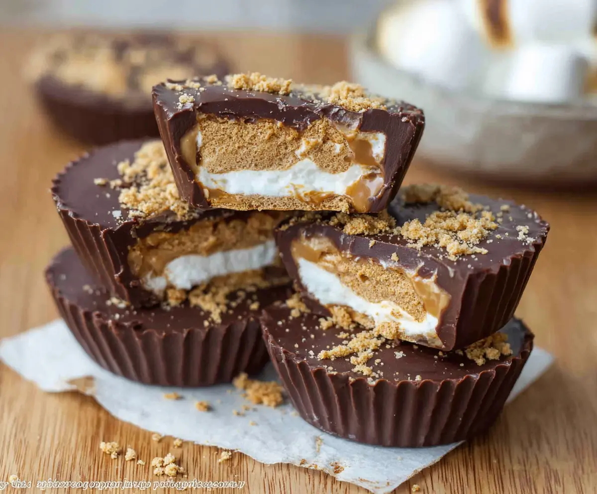 Delicious S'mores Peanut Butter Cups with gooey marshmallow, rich chocolate, and creamy peanut butter in a tempting treat.