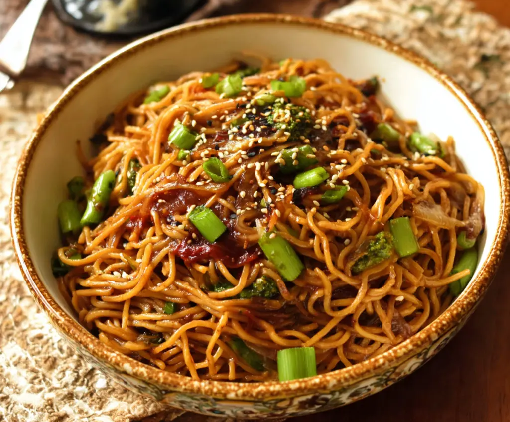 Delicious sesame garlic noodles garnished with sesame seeds and fresh herbs, perfect as a quick Asian-inspired dish.