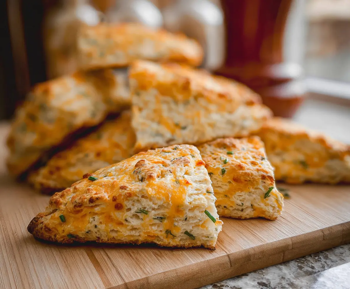 Delicious Sharp Cheddar and Chive Sourdough Scones fresh out of the oven, showcasing a golden-brown crust and cheesy topping.