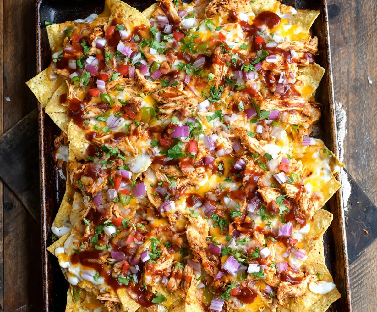 Delicious sheet pan BBQ chicken nachos topped with melted cheese, barbecue sauce, and fresh ingredients.