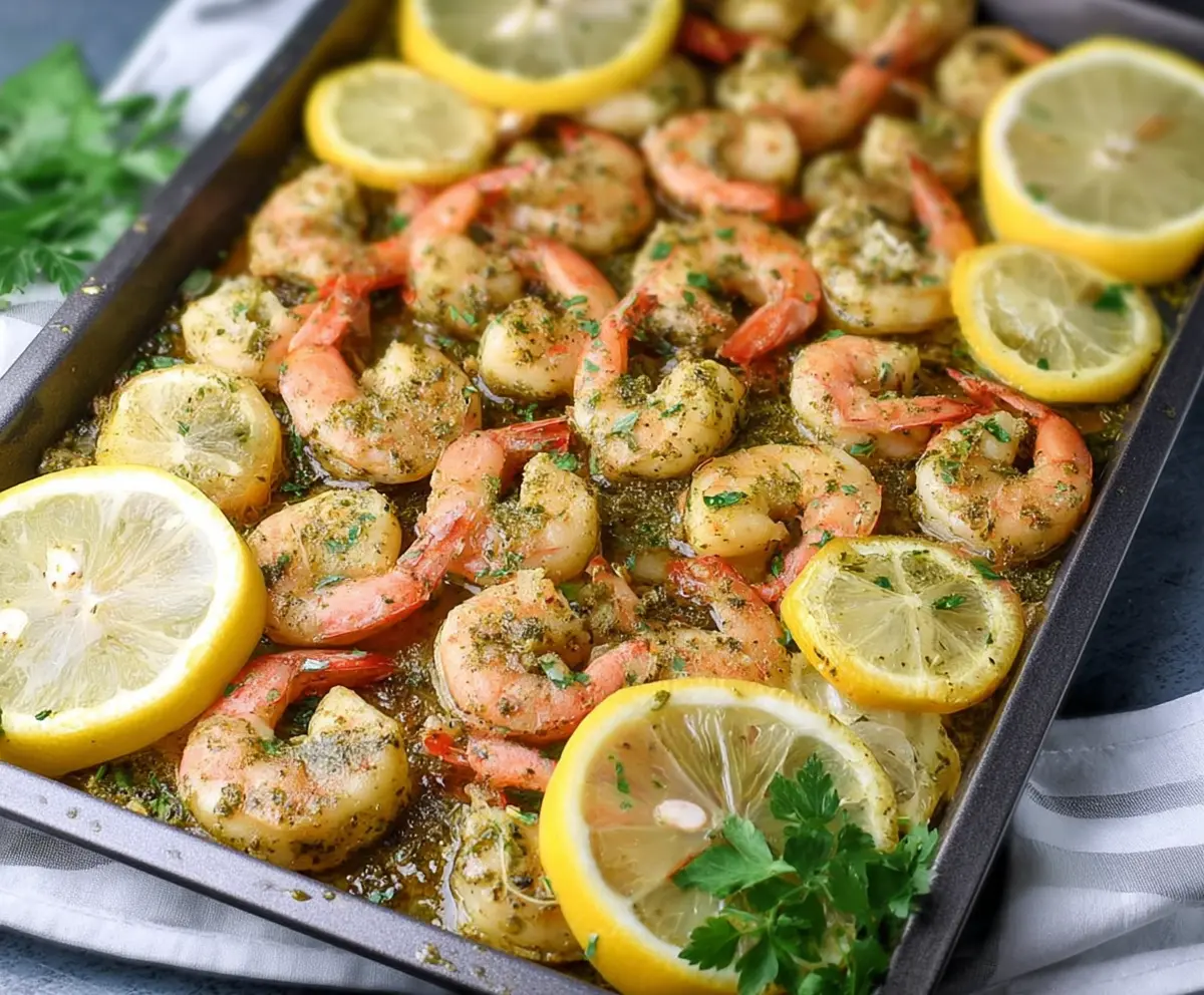 Delicious sheet pan lemon herb shrimp garnished with fresh herbs on a white plate.