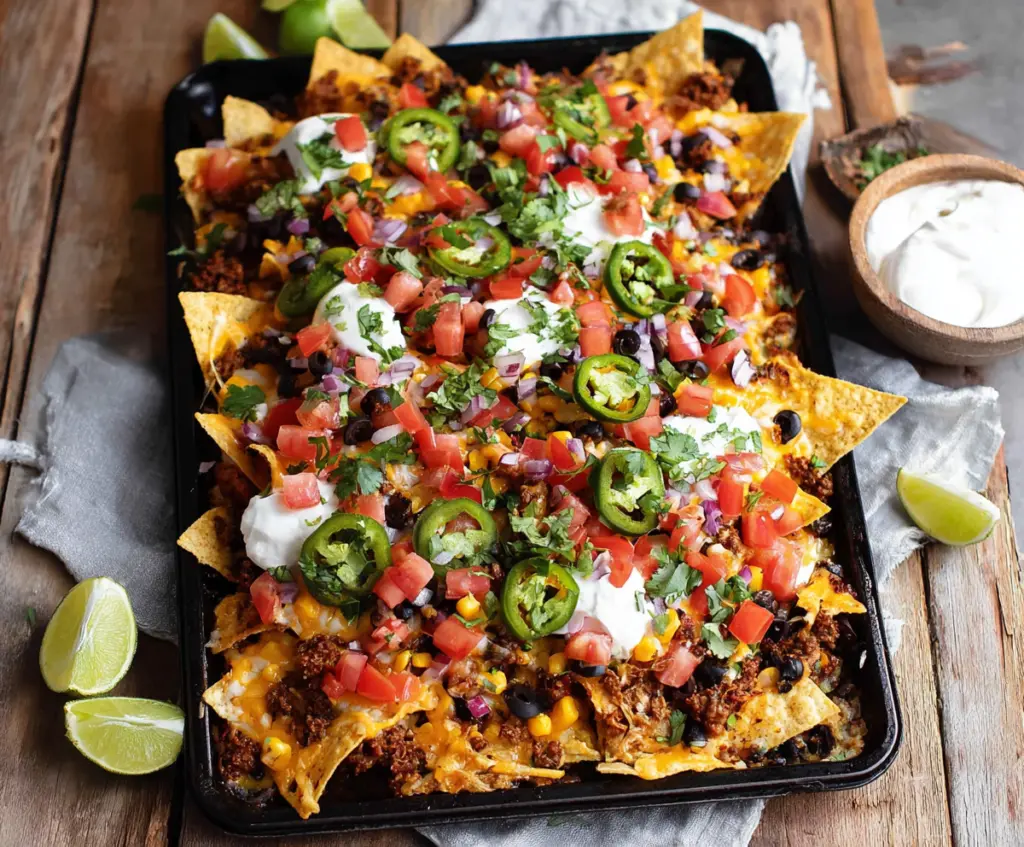 Delicious sheet pan nachos topped with cheese, jalapenos, and sour cream