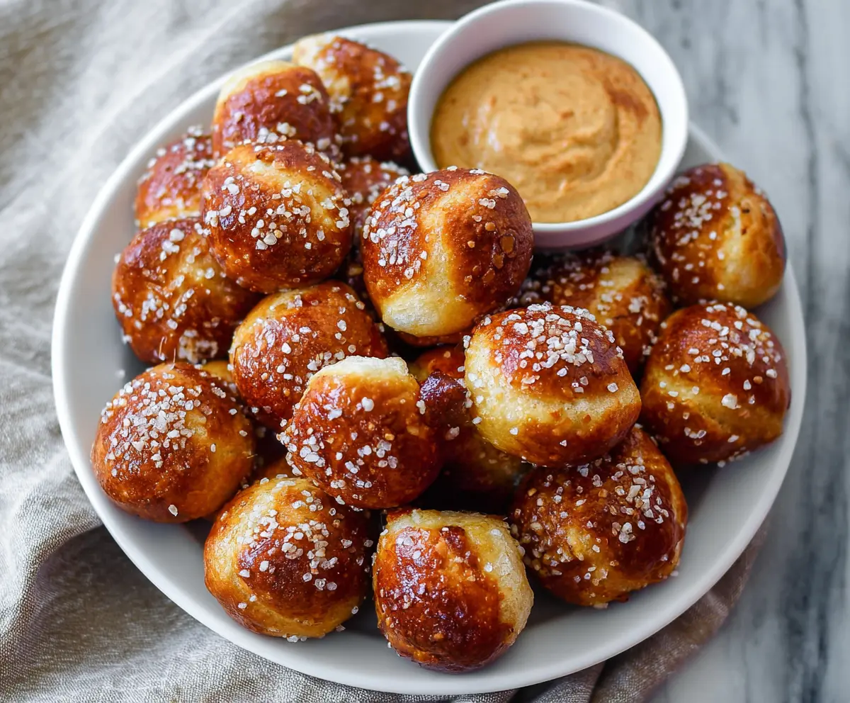 Delicious soft pretzel bites garnished with coarse salt on a rustic wooden table.