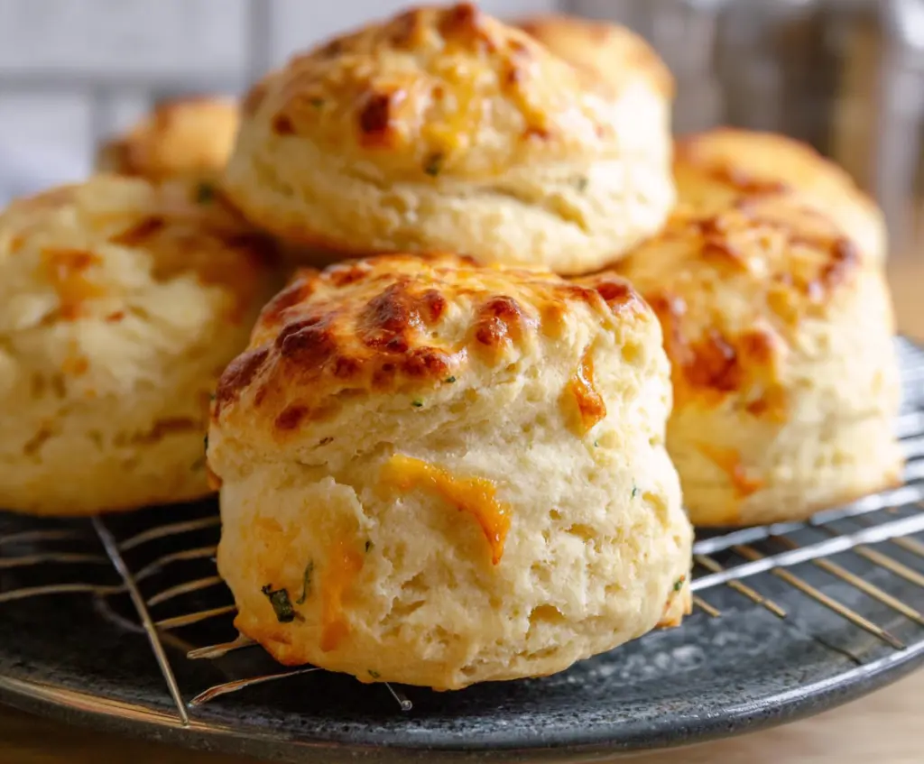 Delicious homemade sourdough cheese scones fresh out of the oven, showcasing golden crust and melted cheese.