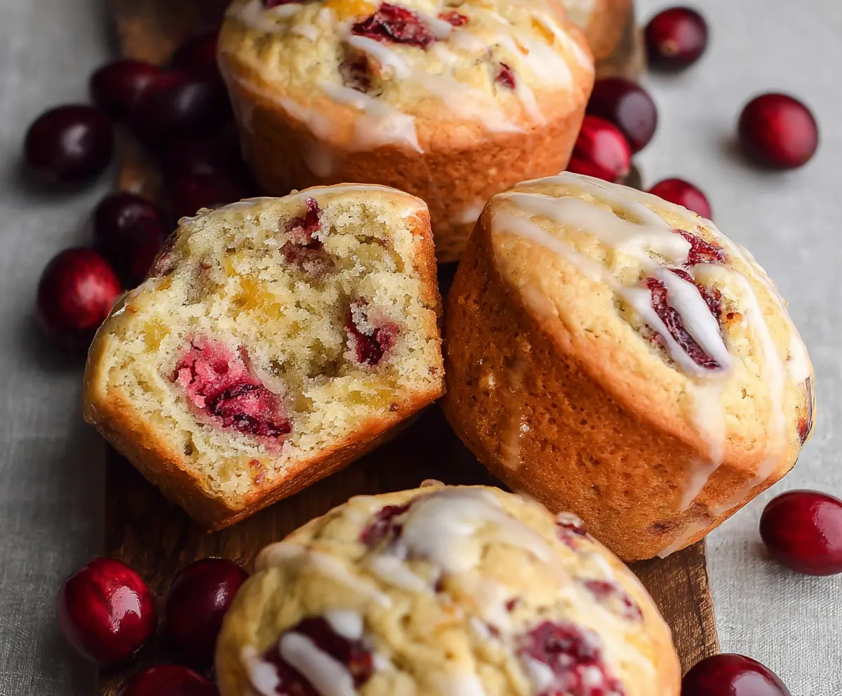 Freshly baked sourdough cranberry orange muffins on a plate with vibrant cranberries and orange zest garnish.
