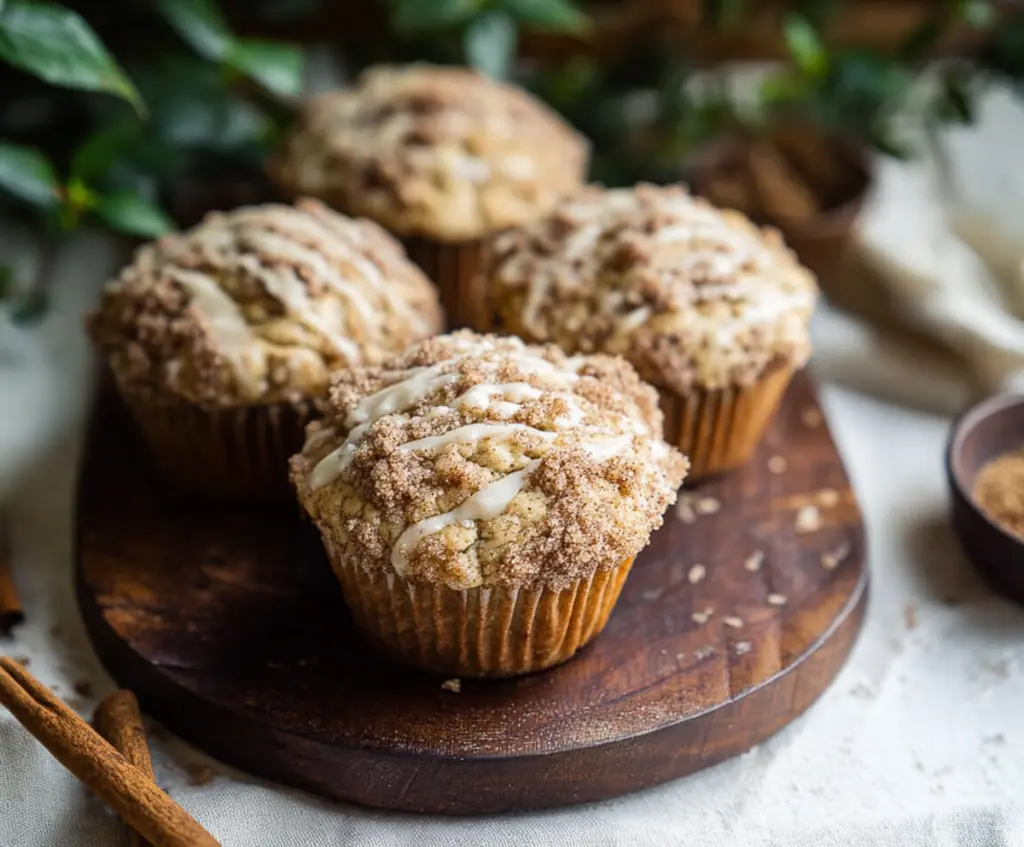 Delicious sourdough discard cinnamon streusel muffins with a golden brown crust and a crumbly topping on a white plate.