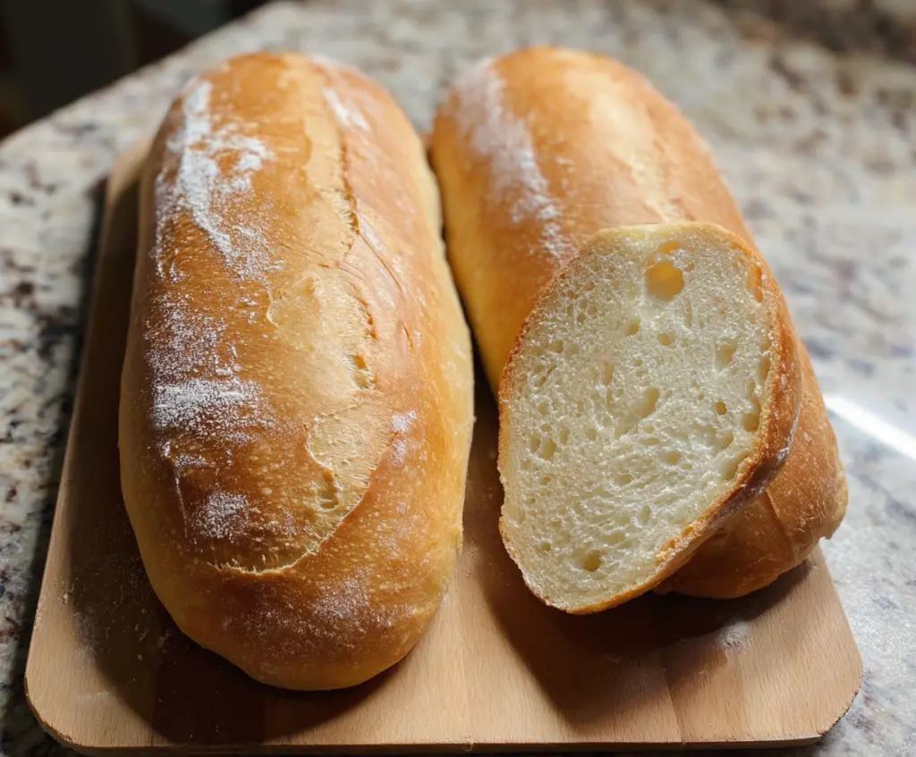 Homemade sourdough discard French bread fresh out of the oven with a crispy crust